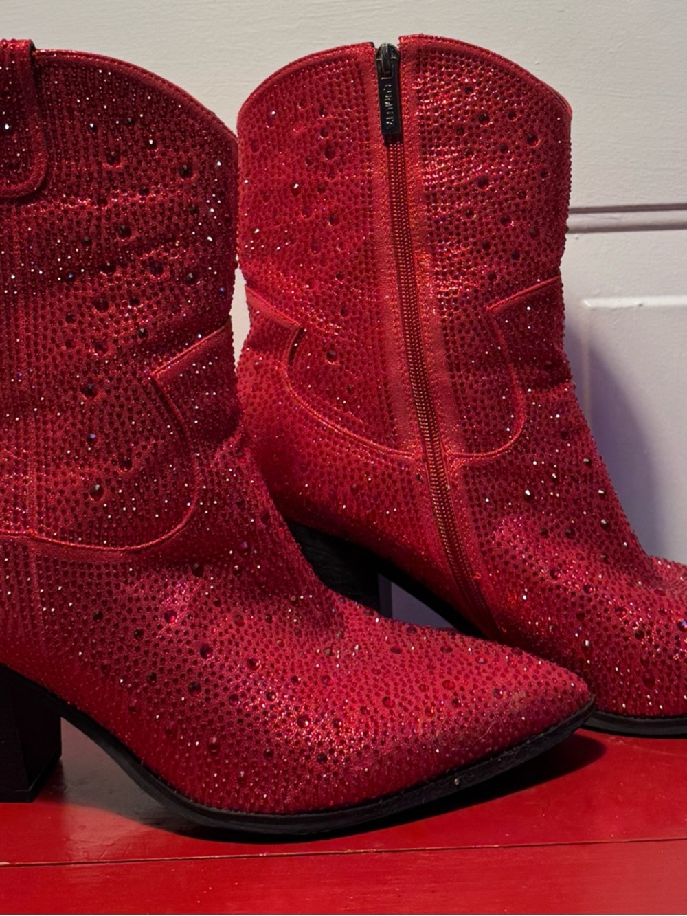 Lumuta Women’s Red Rhinestone Ankle Boots with Block Heel size 10.5 - Picture 10 of 14